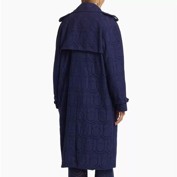 New FARM Rio Navy Blue Pineapple cotton eyelet trench coat size Medium - Picture 5 of 10